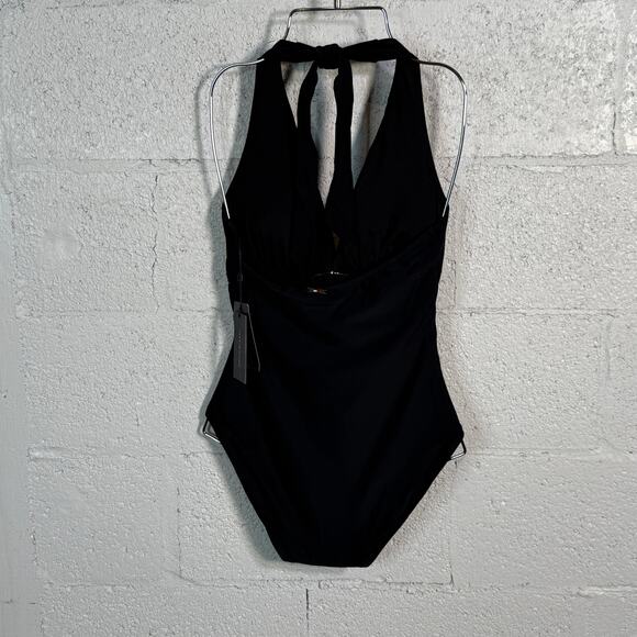 Tommy Hilfiger Womens Ruched Side Halter One Piece Swimsuit, Black 6 - Picture 4 of 9